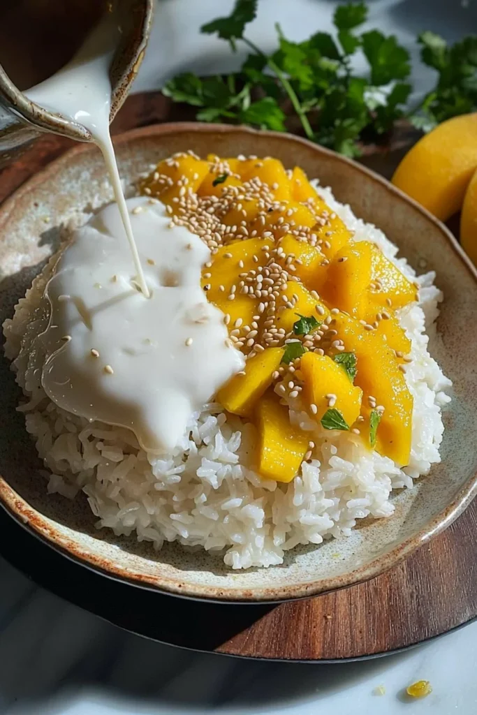 Delicious Thai mango sticky rice served with fresh mango slices and coconut sauce