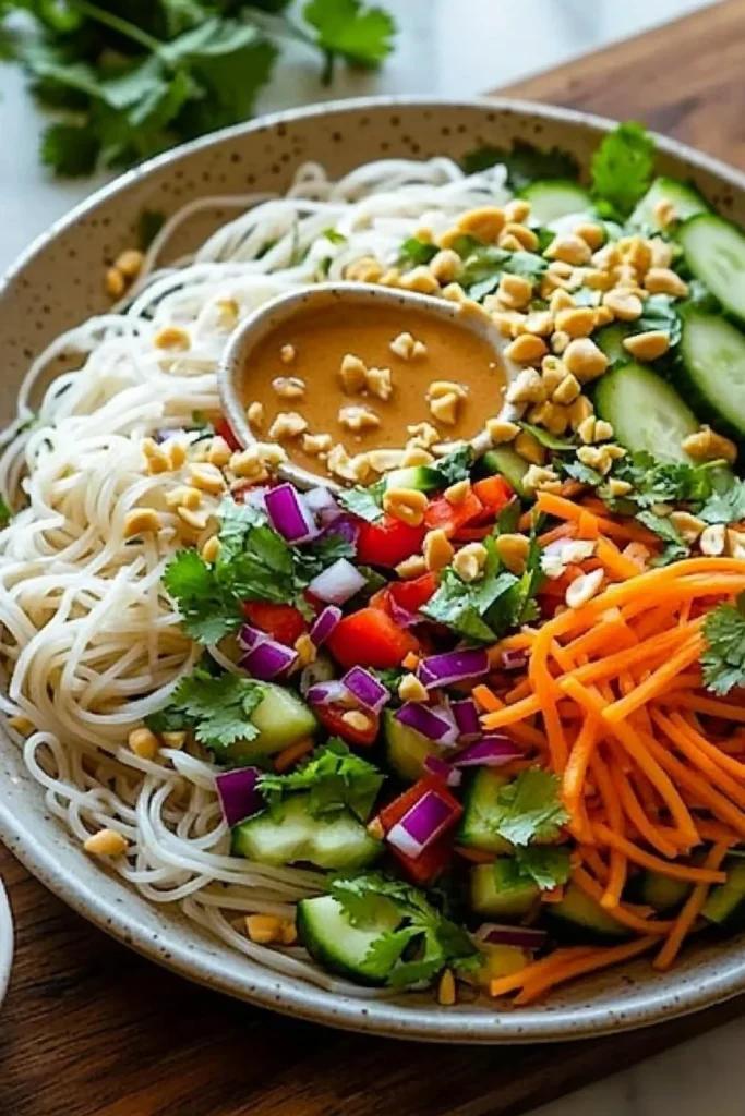 Delicious Thai Noodle Salad with Peanut Sauce served in a bowl