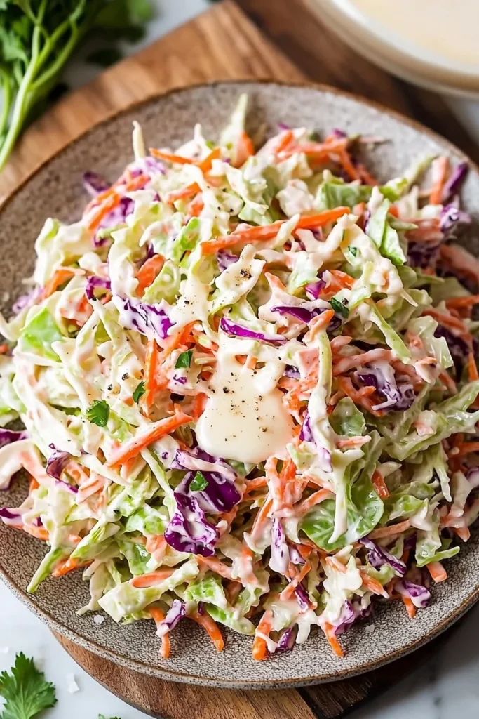 Bowl of creamy coleslaw made with fresh cabbage and carrots