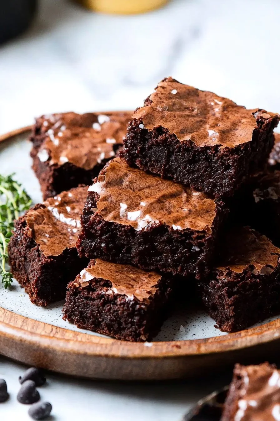 Delicious fudgy brownies topped with chocolate drizzle on a plate