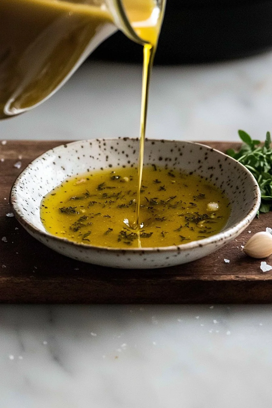 Homemade Greek salad dressing in a bowl with fresh ingredients