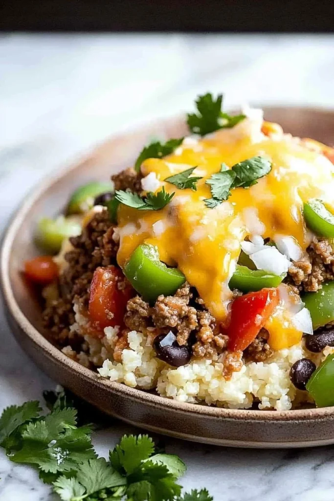 Delicious low carb taco casserole topped with cheese and fresh ingredients