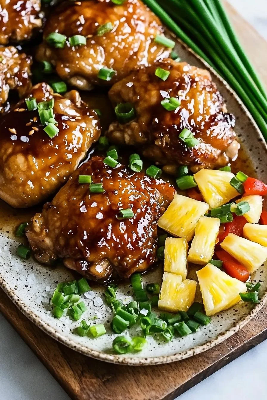 Pineapple Teriyaki Chicken served with vegetables and rice on a plate