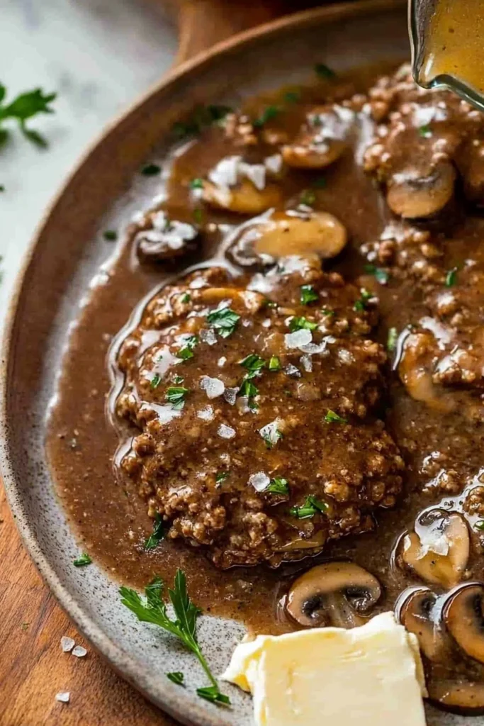 Delicious homemade Salisbury steak served with gravy and mashed potatoes