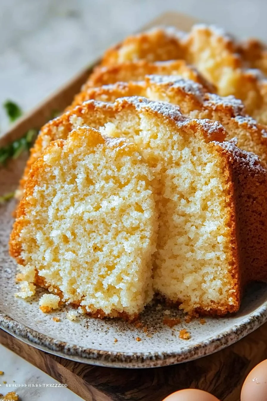 Slice of the best vanilla pound cake with a golden crust and fluffy texture