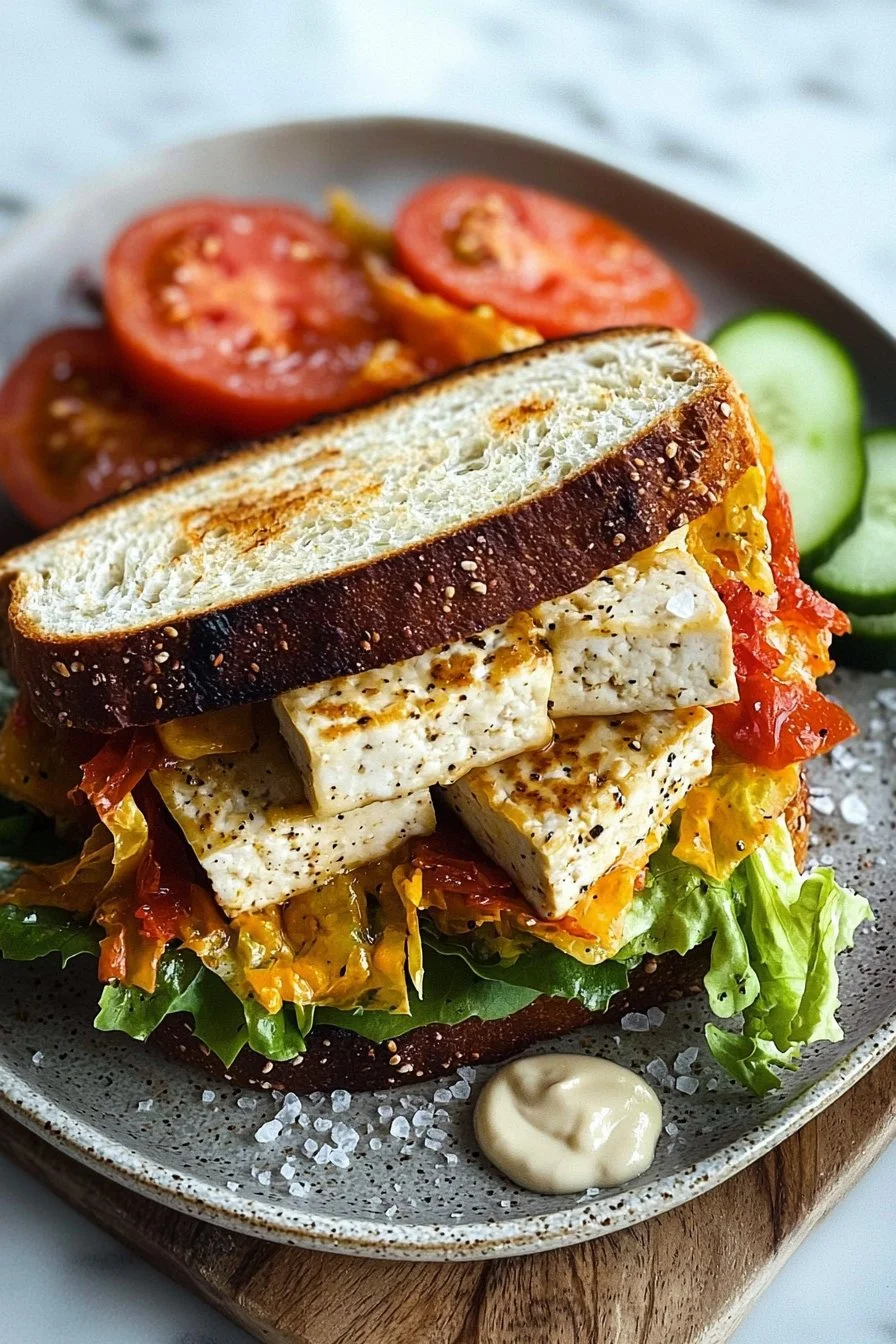 Delicious tofu sandwich with fresh vegetables and sauce