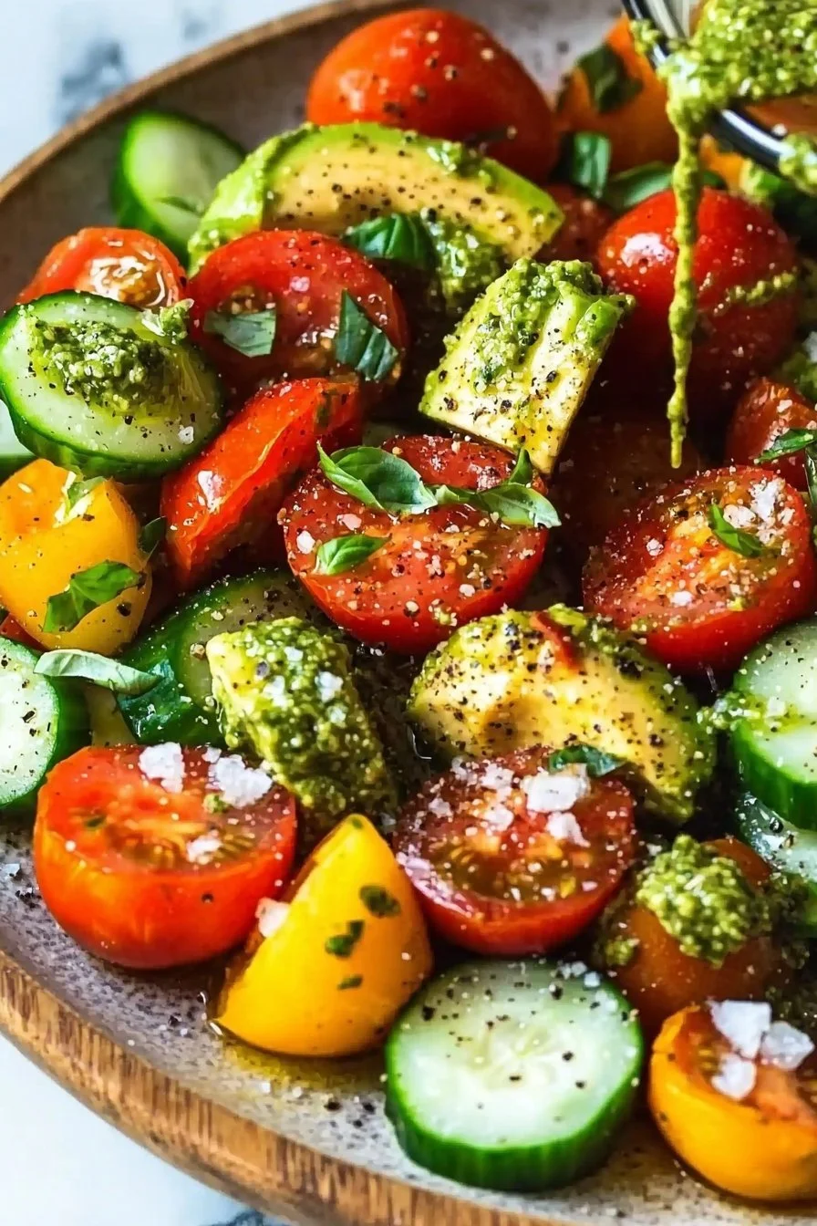 Tomato Cucumber Avocado Salad with Basil Pesto served in a bowl