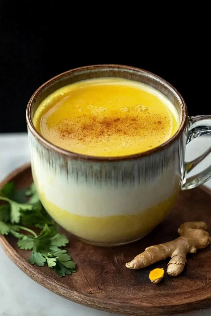 Creamy turmeric latte in a cup, garnished with spices.