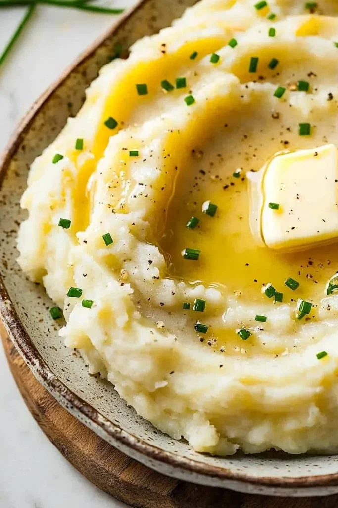Ultimate garlic mashed potatoes topped with herbs and garlic butter