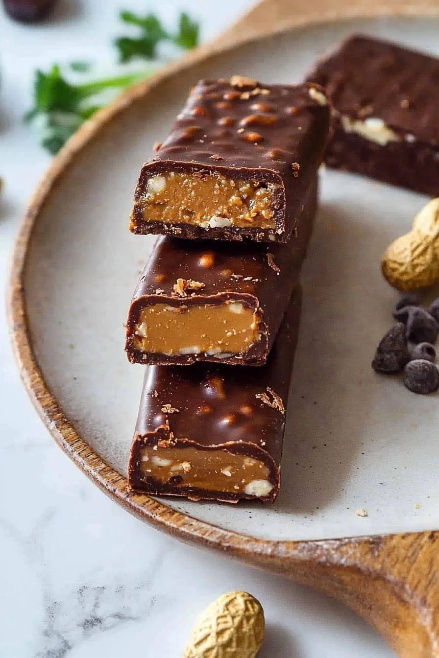 Homemade Vegan Snickers Bars with chocolate, caramel, and nuts.