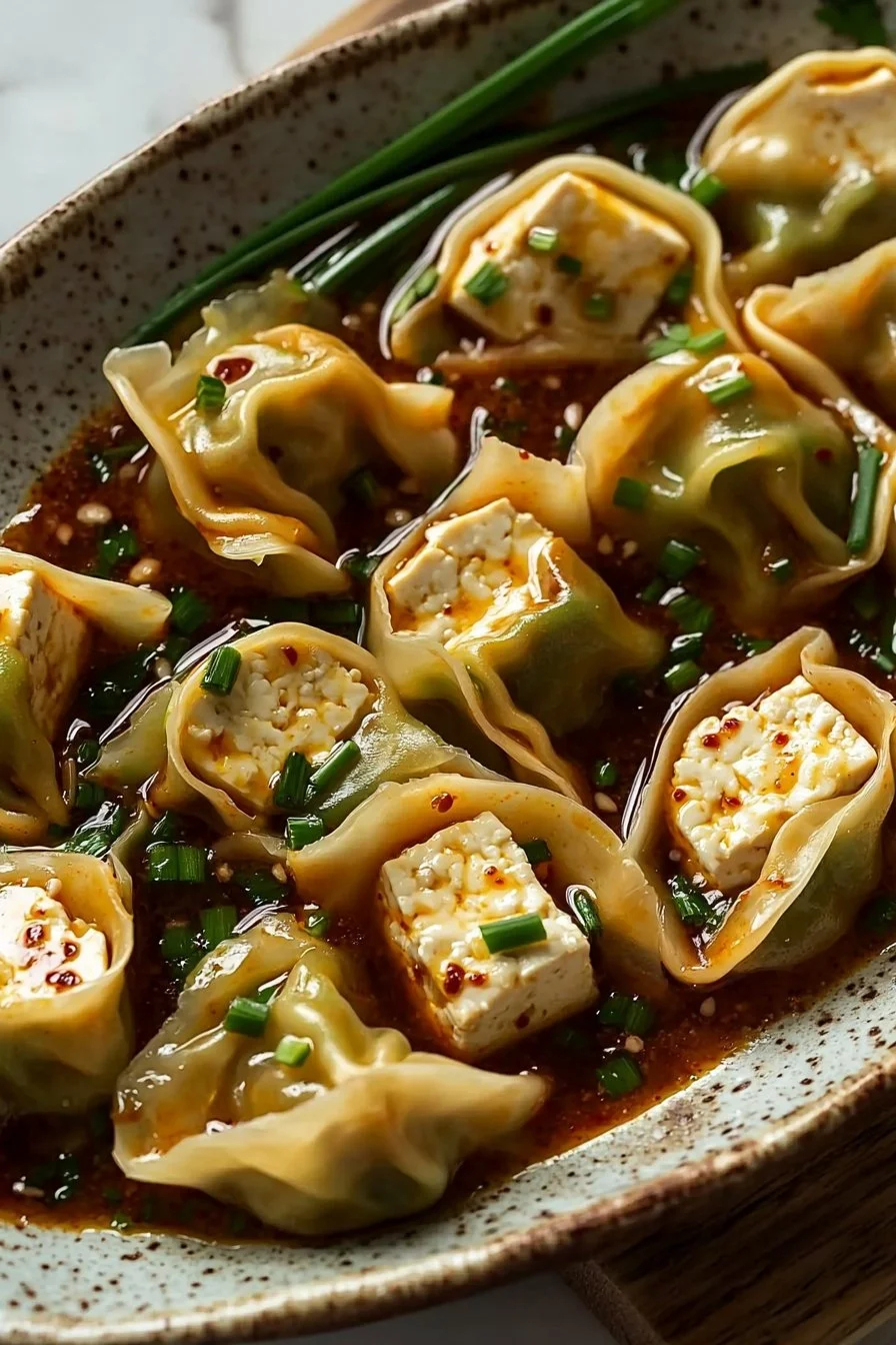 Vegan Tofu and Chive Wontons in Chili Broth