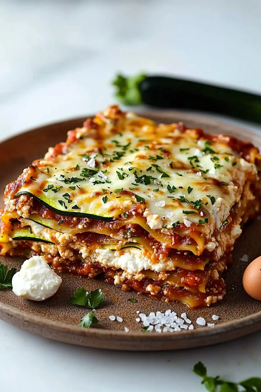 Delicious zucchini lasagna dish topped with cheese and fresh herbs.