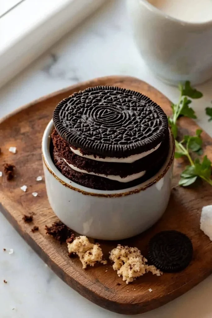 Delicious 1-minute cookies and cream mug cake ready to enjoy.