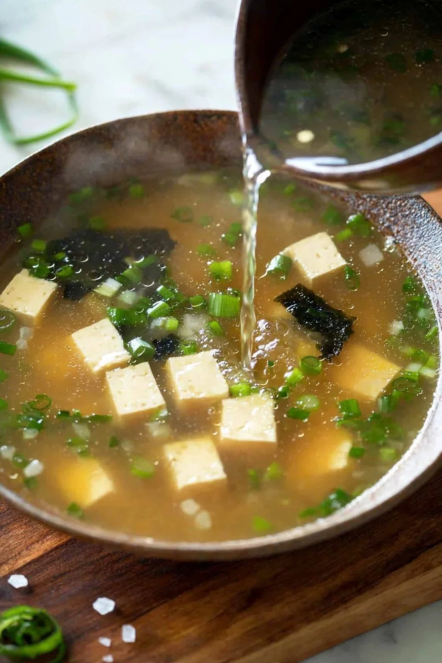 Bowl of 10-minute miso soup garnished with green onions and tofu