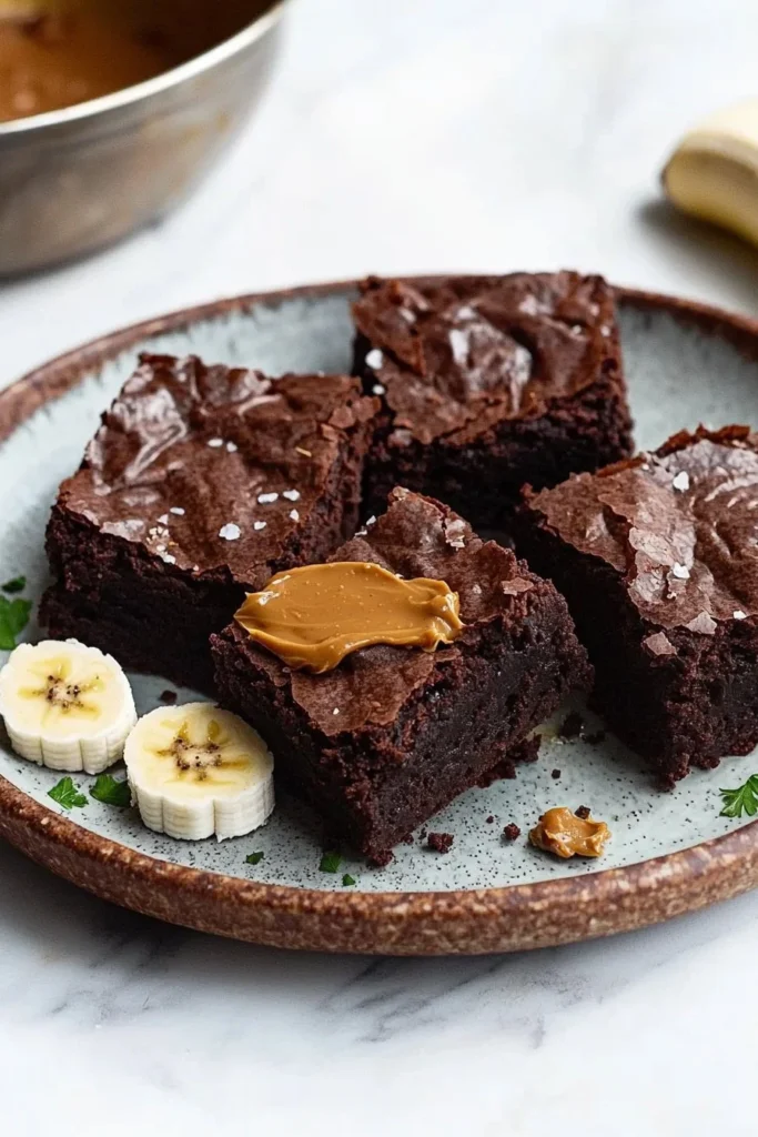 3 ingredient brownies made with banana on a rustic wooden table