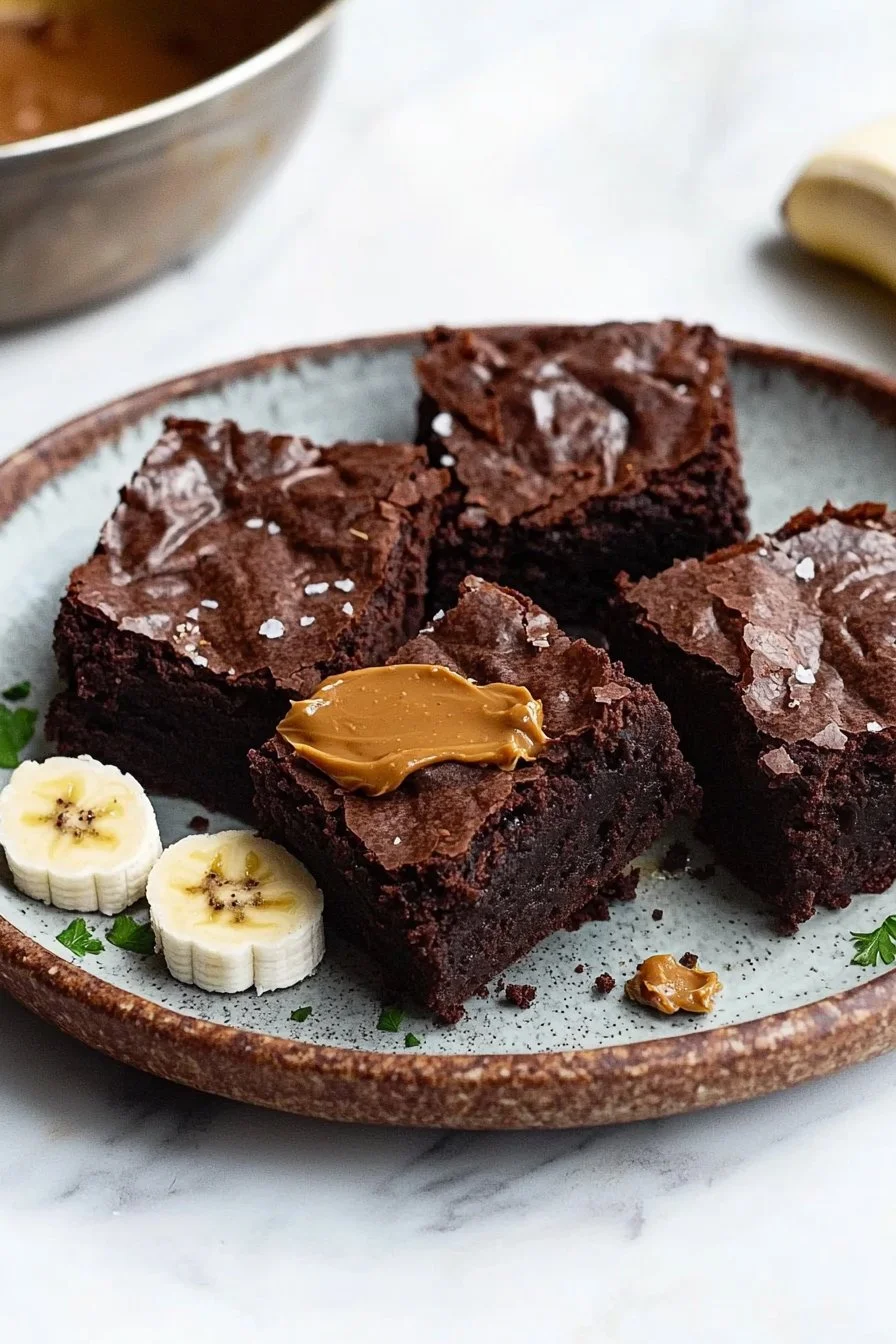 3 ingredient brownies made with banana on a rustic wooden table