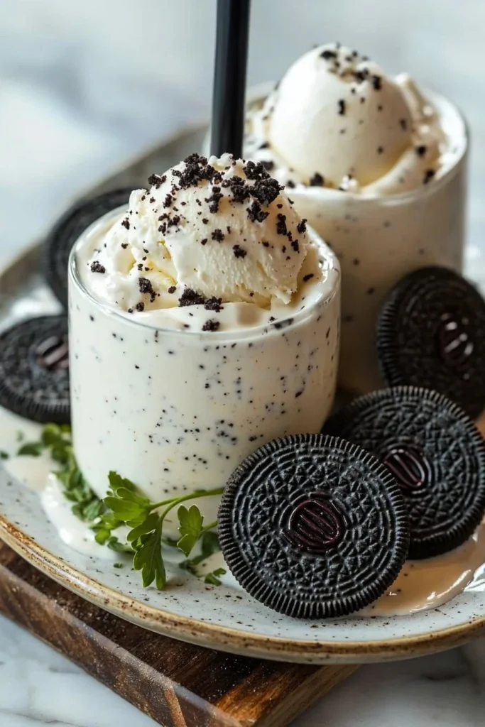 Creamy 3-ingredient cookies and cream milkshake in a glass