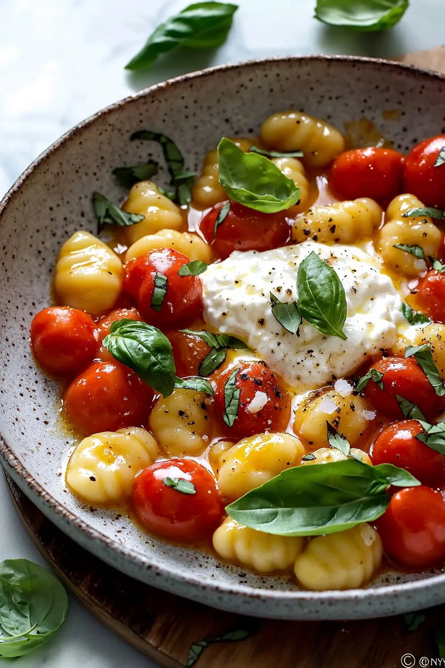 Creamy tomato gnocchi with burrata served in a bowl