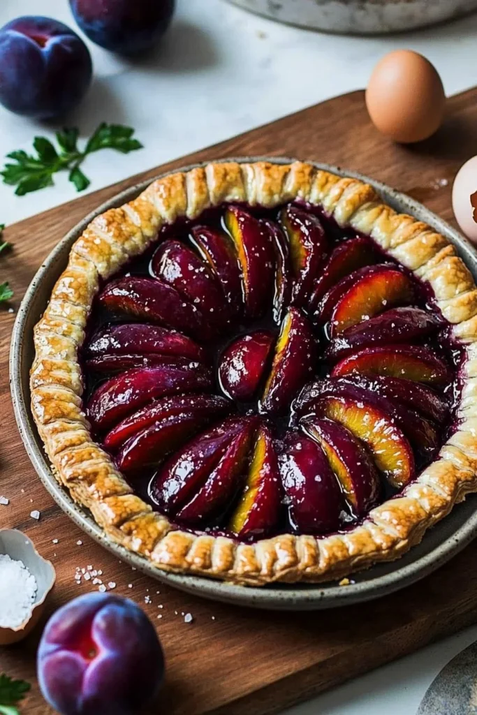 Delicious 4-ingredient easy plum tart dessert on a plate