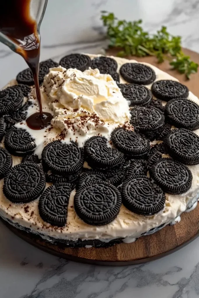 Homemade 4-ingredient Oreo ice cream cake with chocolate cookies and ice cream layers