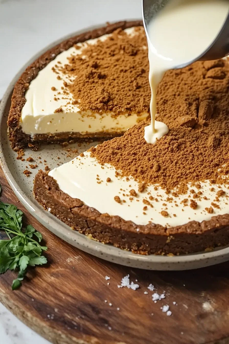 Delicious 5 Ingredients Speculoos Cheesecake topped with cookie crumbles