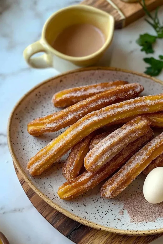Air fryer light churros served on a plate, golden brown and crispy