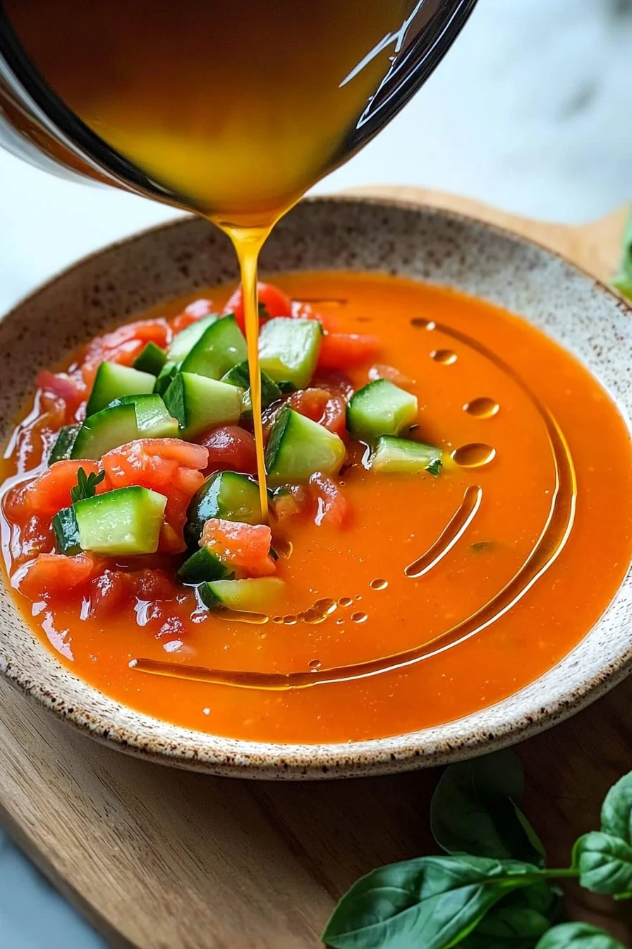 Bowl of refreshing Andalusian cold soup garnished with fresh vegetables