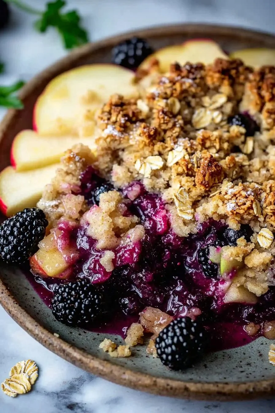 Delicious Apple Blackberry Crumble dessert served warm with a scoop of vanilla ice cream.