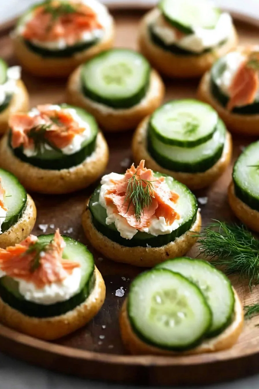Bagel Cucumber Bites topped with smoked salmon and dill on a serving platter