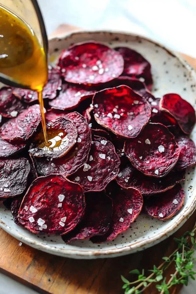 Homemade baked beet chips fresh out of the oven, crunchy and healthy snack.