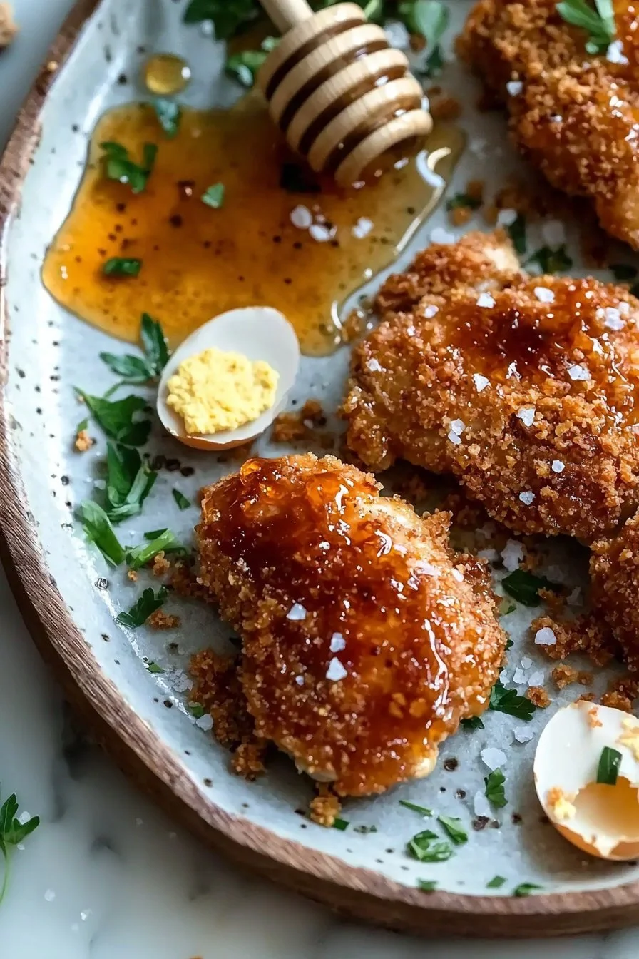 Baked Crunchy Hot Honey Chicken on a serving plate garnished with herbs