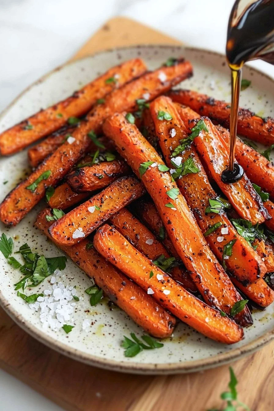 Balsamic roasted carrots cooked in an air fryer, garnished with herbs.