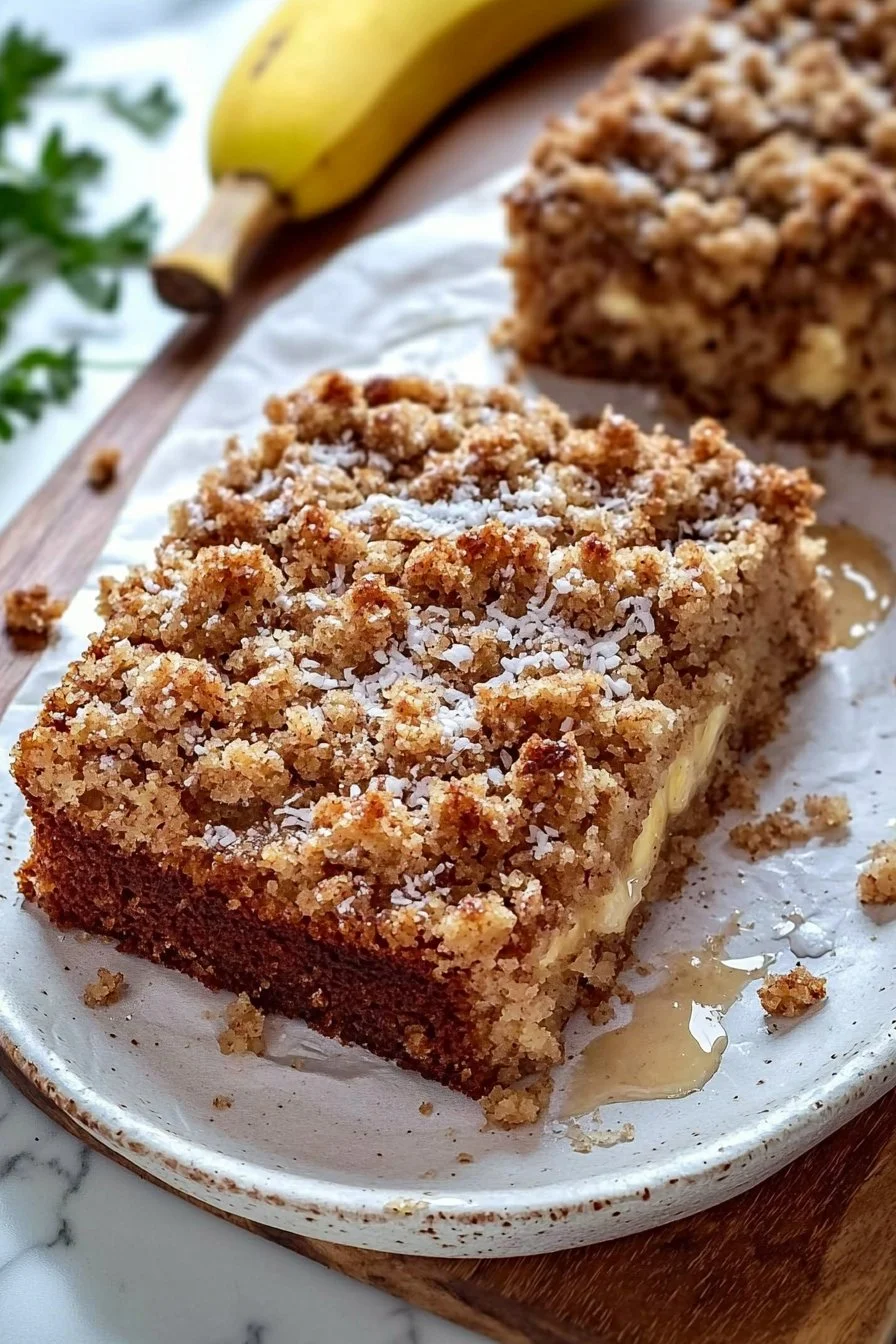 Banana crumb coffee cake with streusel topping on a serving plate