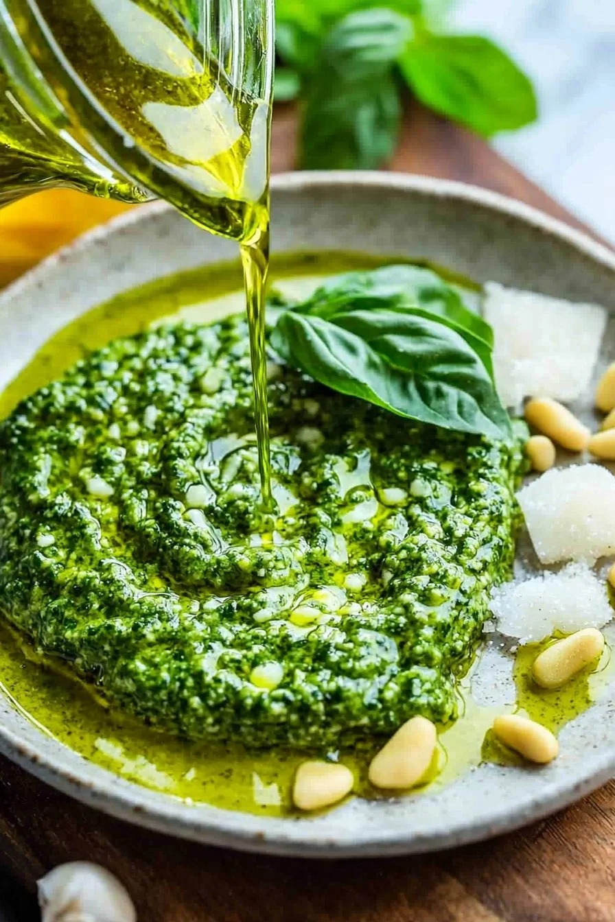 Fresh basil pesto sauce made with basil, garlic, and pine nuts