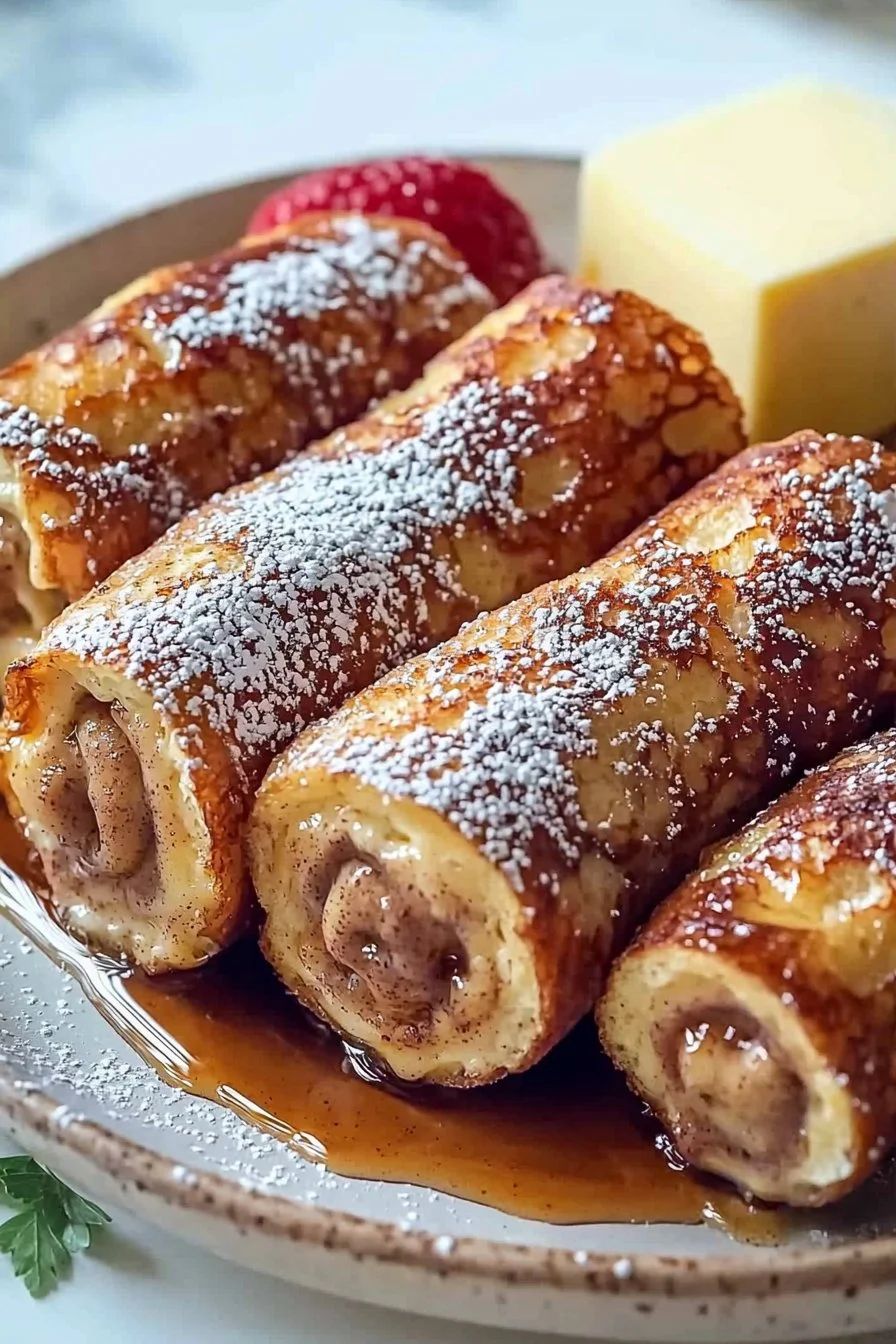 Plate of delicious French Toast Roll Ups served with syrup and berries