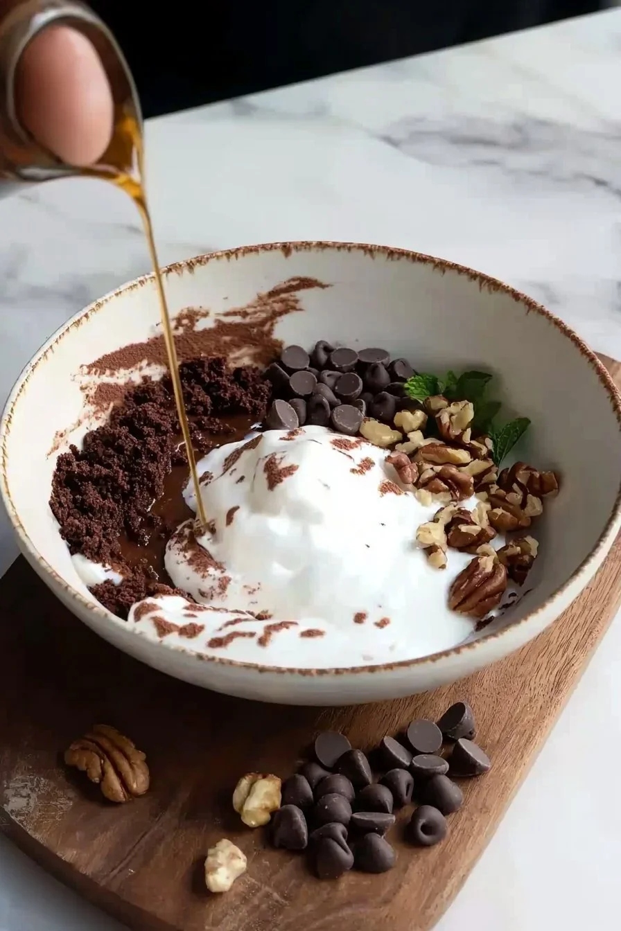 Brownie batter yogurt bowl topped with chocolate and nuts