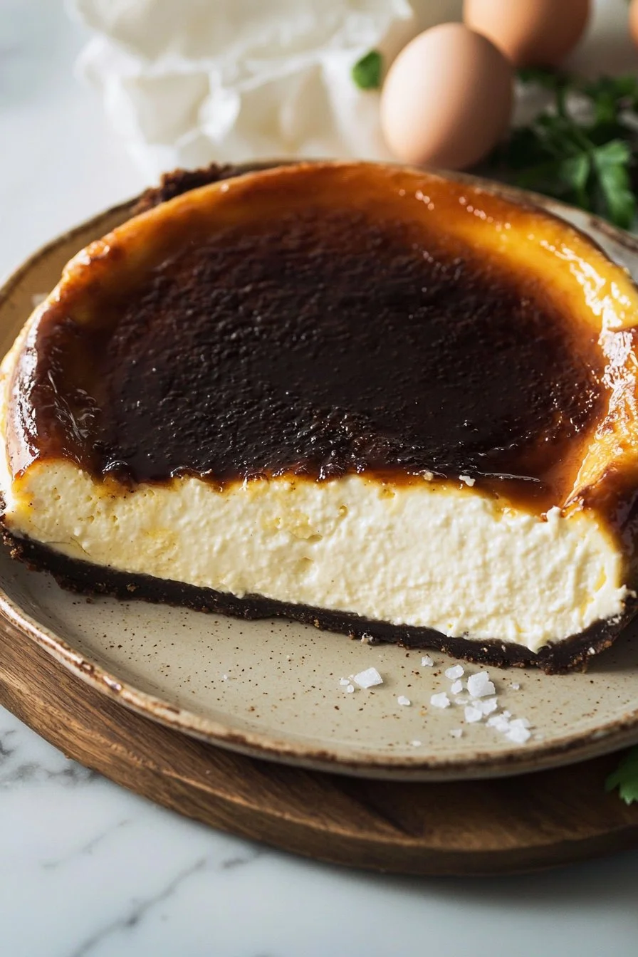 Slice of Burnt Basque Cheesecake on a plate with a golden brown top