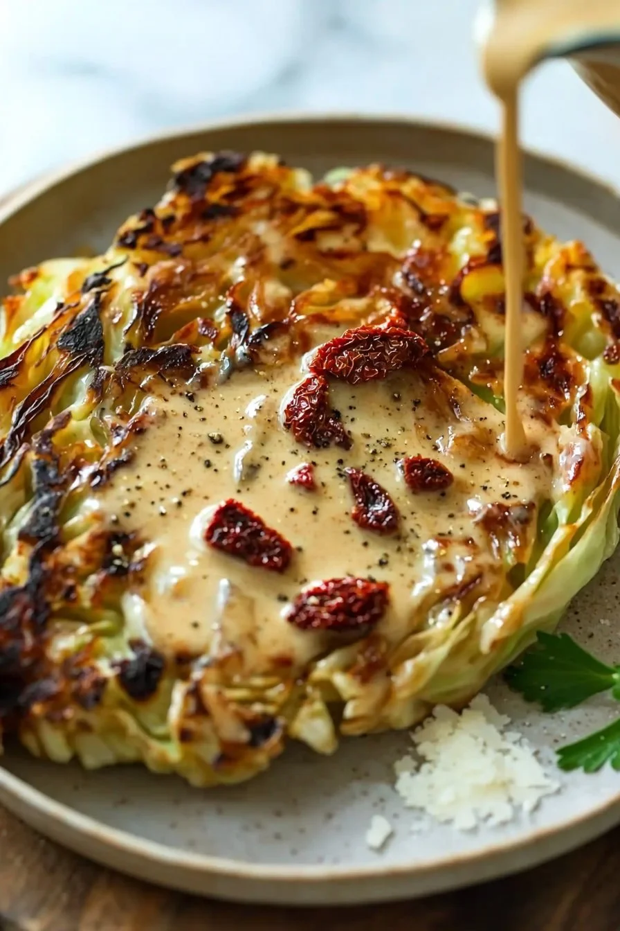 Cabbage steaks with sun-dried tomato cream sauce served on a plate