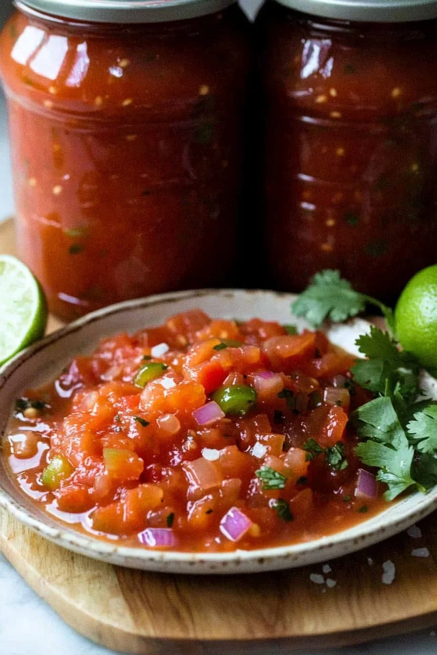 Homemade canned salsa in jars with fresh ingredients