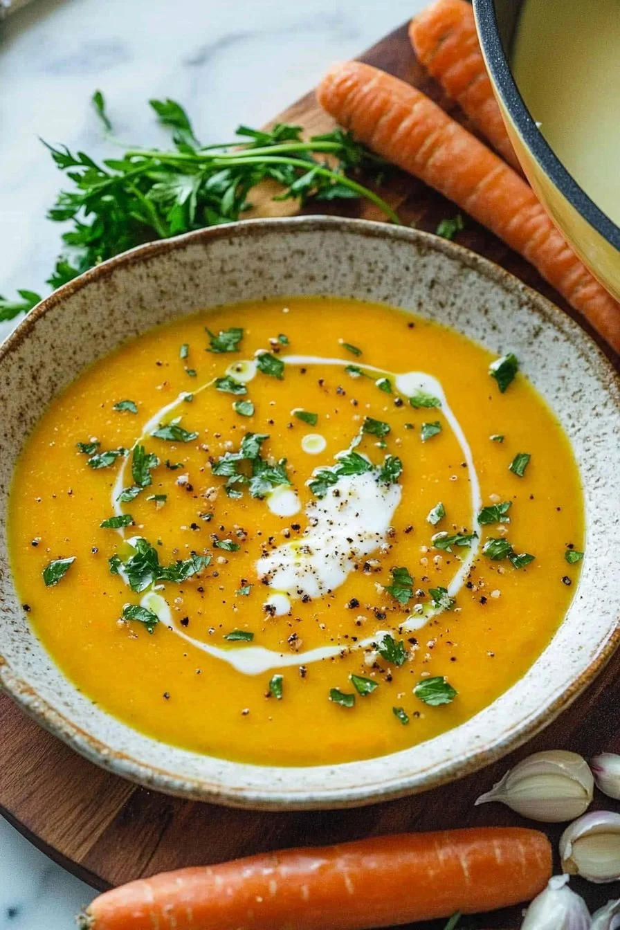 Bowl of homemade carrot soup garnished with fresh herbs