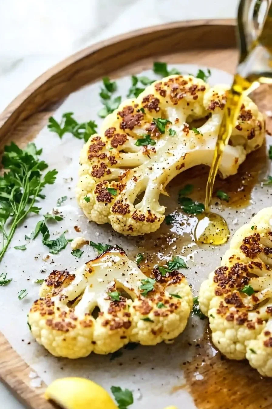 Grilled cauliflower steak garnished with herbs and spices