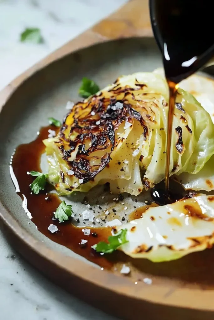 Grilled charred cabbage with a smoky flavor, garnished for presentation