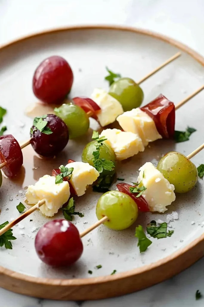 Plate of delicious cheese and grape skewers ready for serving at a party