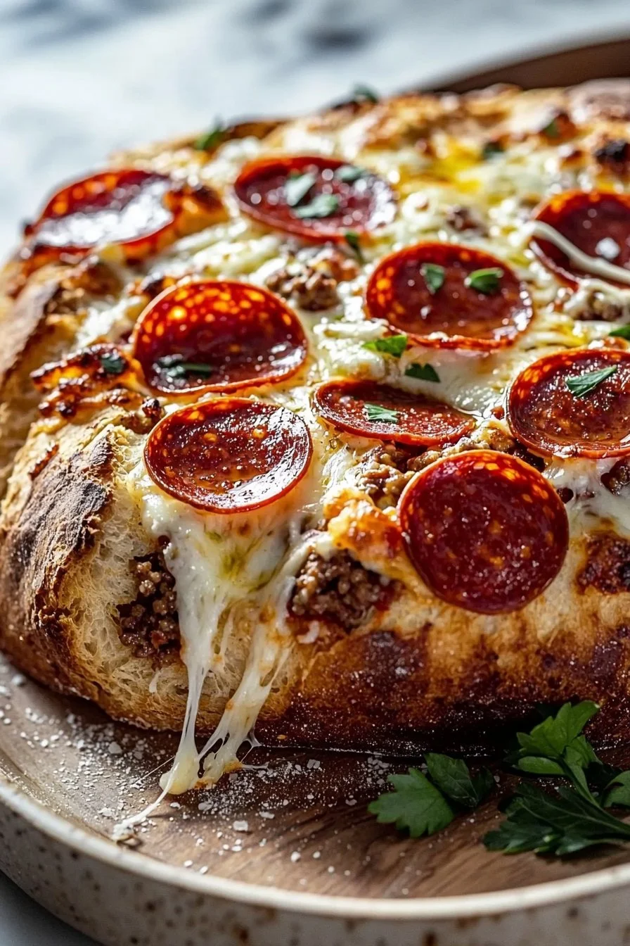 Cheesy Beef Pepperoni Pizza Sourdough Bread