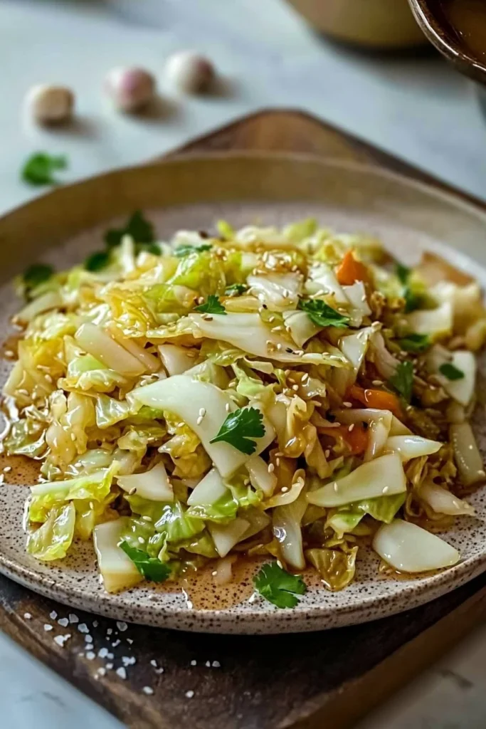 Delicious Chinese stir fry cabbage dish served in a bowl with colorful vegetables.