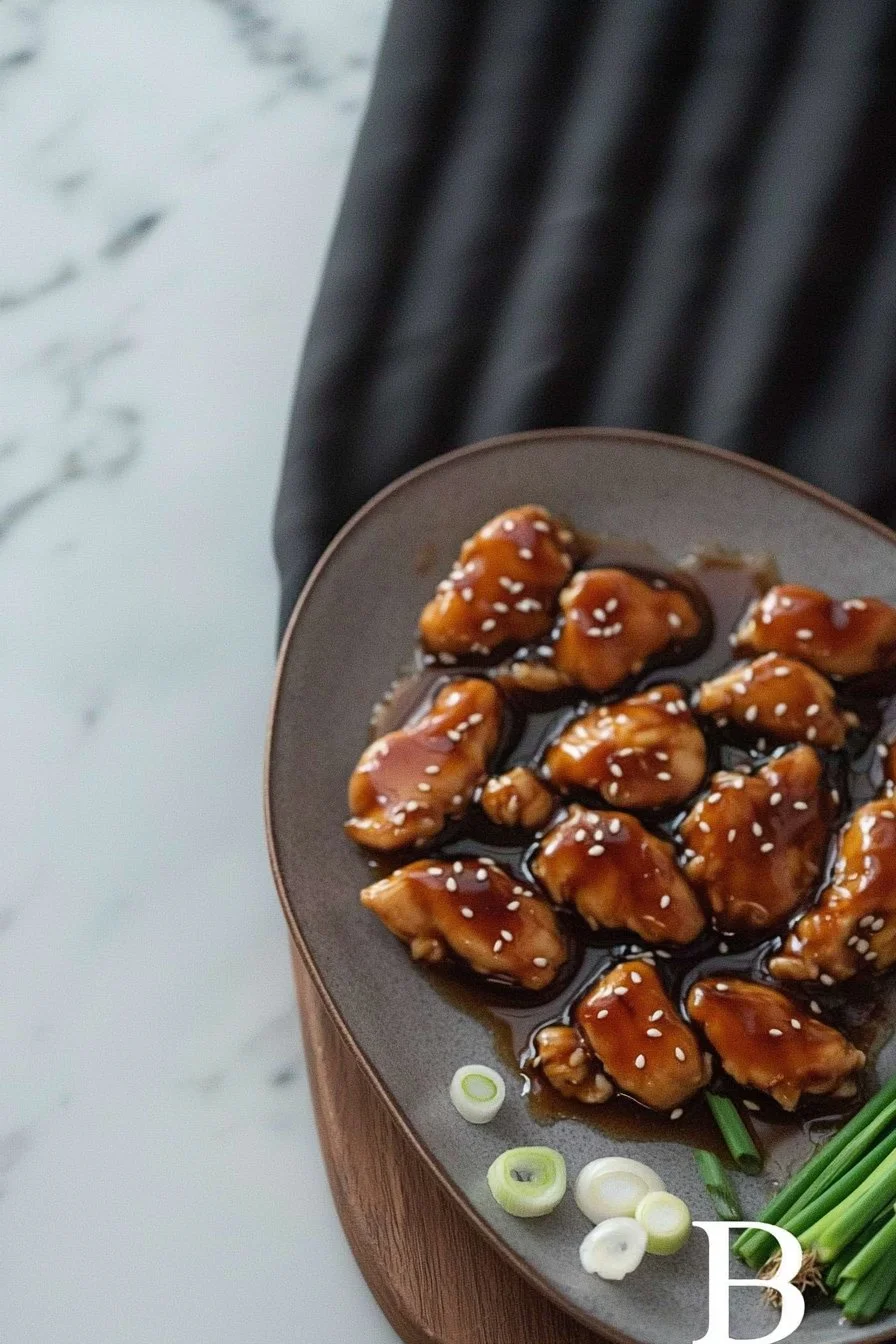 Delicious plate of sesame chicken served with sesame seeds and green onions