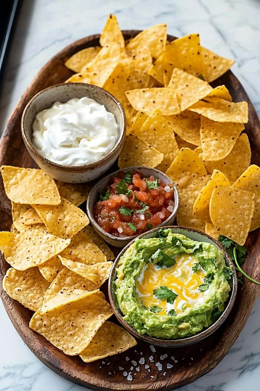 Variety of chips and dip platter with colorful dips and crispy chips