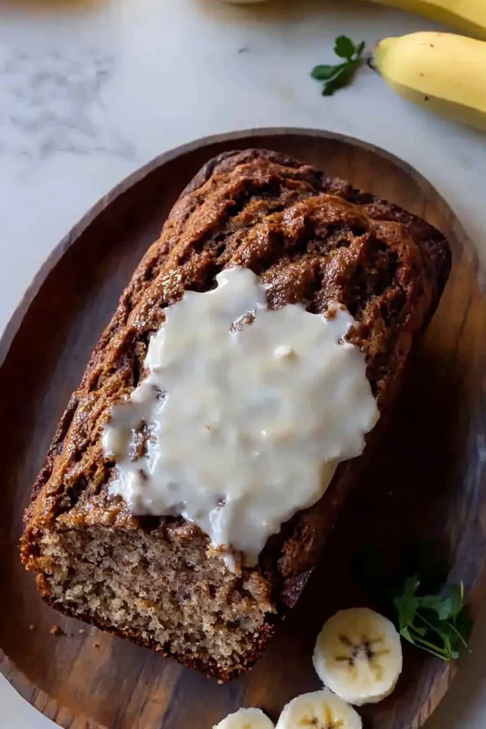 Slice of homemade cinnamon roll banana bread with cinnamon swirl topping.