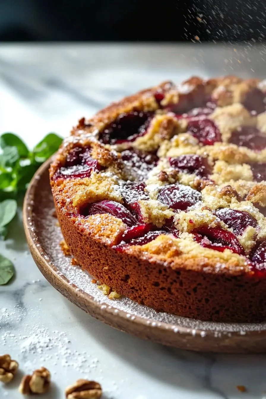 Delicious homemade plum cake freshly baked and garnished with fruits.
