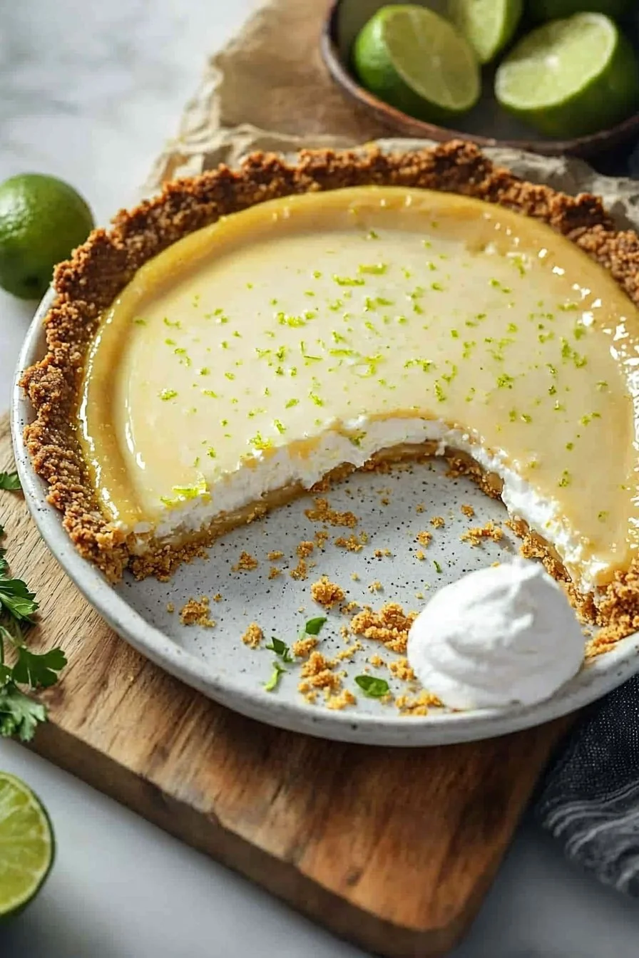 Slice of creamy Condensed Milk Key Lime Pie with lime garnish.